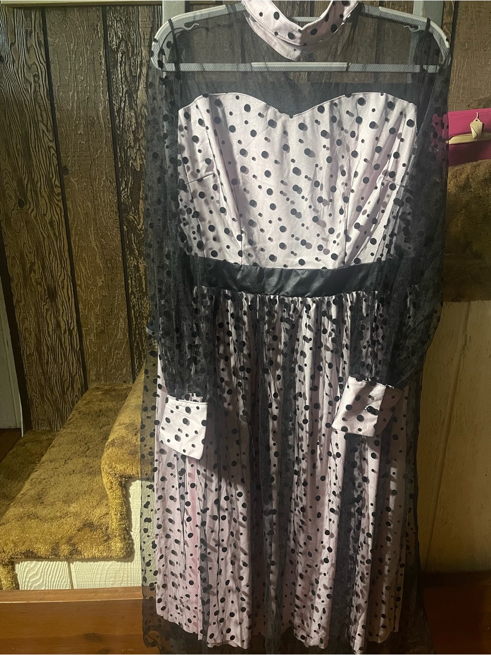 Source Unknown Pink and Black Polka Dot Mesh Overlay Formal Dress